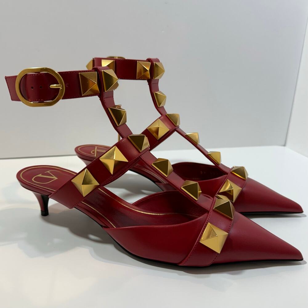 Valentino Garavani Roman Stud Red Pointed Toe Kitten Heel Cage Sandal 8.5 NIB - Picture 9 of 9